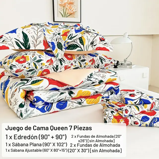 Juego de edredón floral Queen 7 piezas