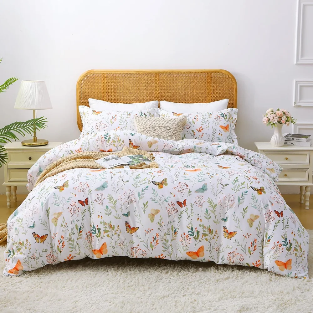 Funda de edredón floral mariposas 3 piezas cama doble