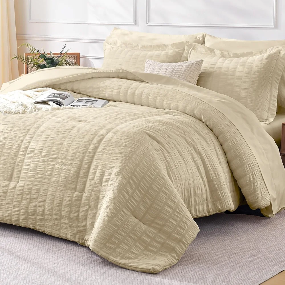 Juego de edredón 7 piezas cama doble textura seersucker
