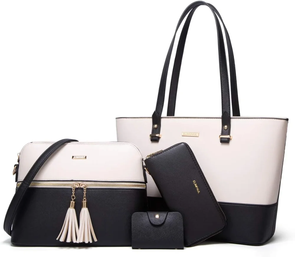 Set de 4 bolsos para mujer en cuero sintético: tote, bolso de hombro, cartera y monedero
