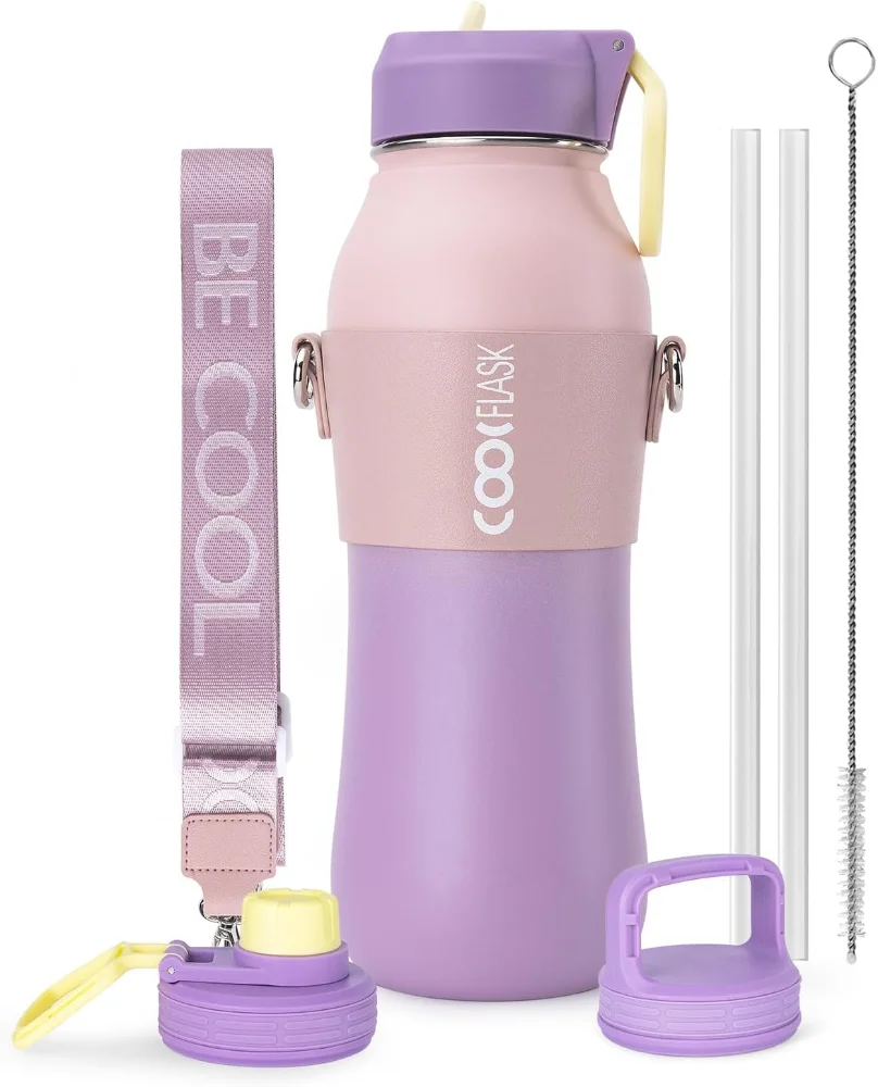 Botella térmica de acero inoxidable 32 oz con 3 tapas y funda, lila