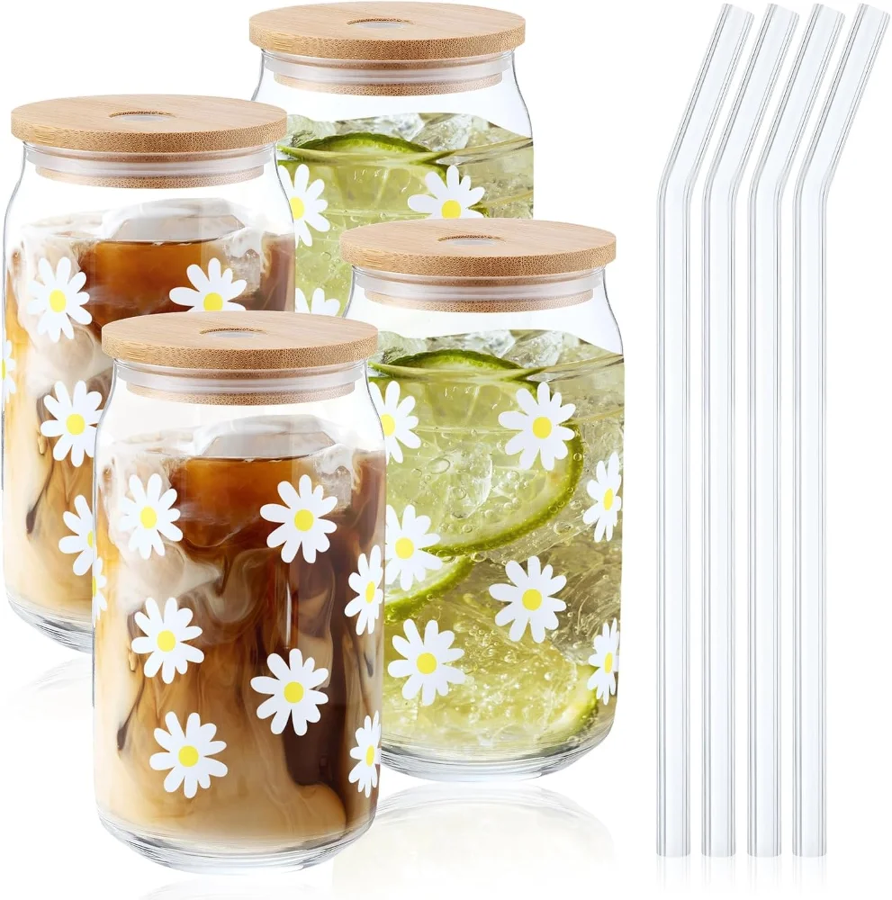 Set de 4 vasos de vidrio de 16 oz con tapa de bambú y pitillo (margaritas)
