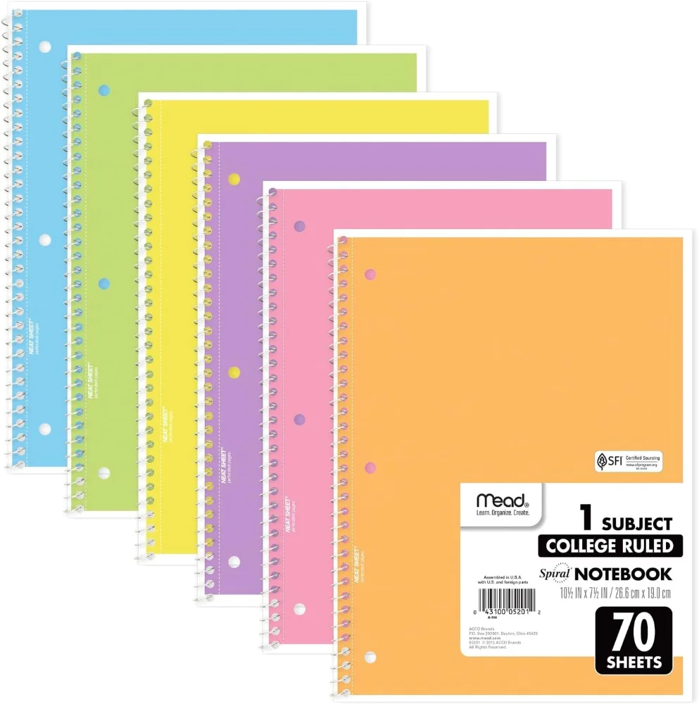 Cuadernos argollados x6 colores pastel (70 hojas rayadas c/u)