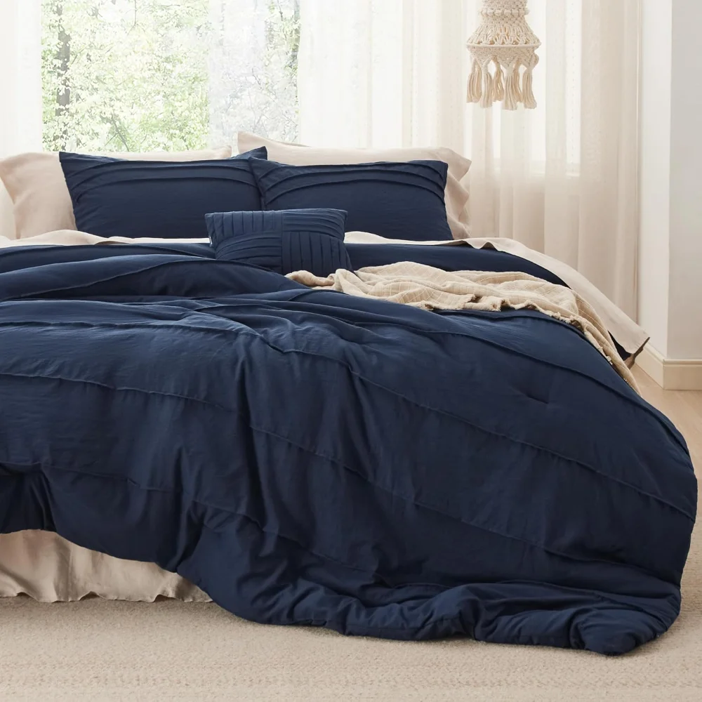 Juego de edredón Queen 4 piezas plisado boho azul navy
