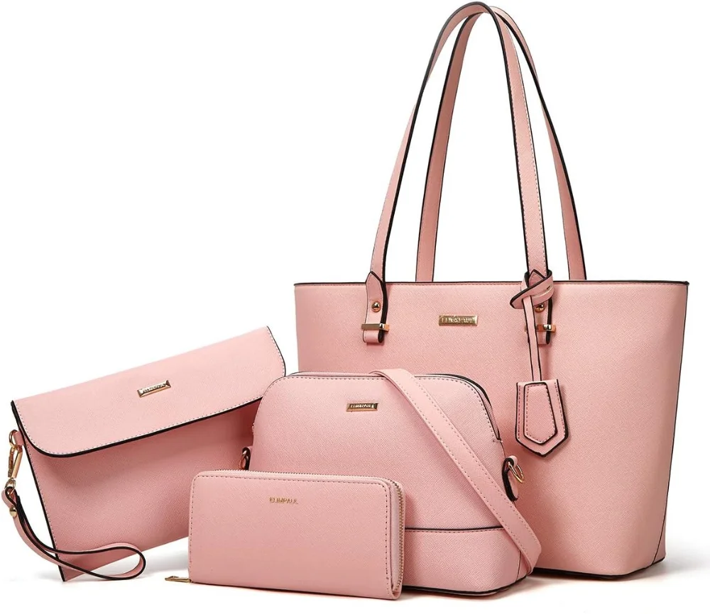 Set de 4 bolsos para mujer en cuero sintético rosado: tote, bolso de hombro, cartera y monedero