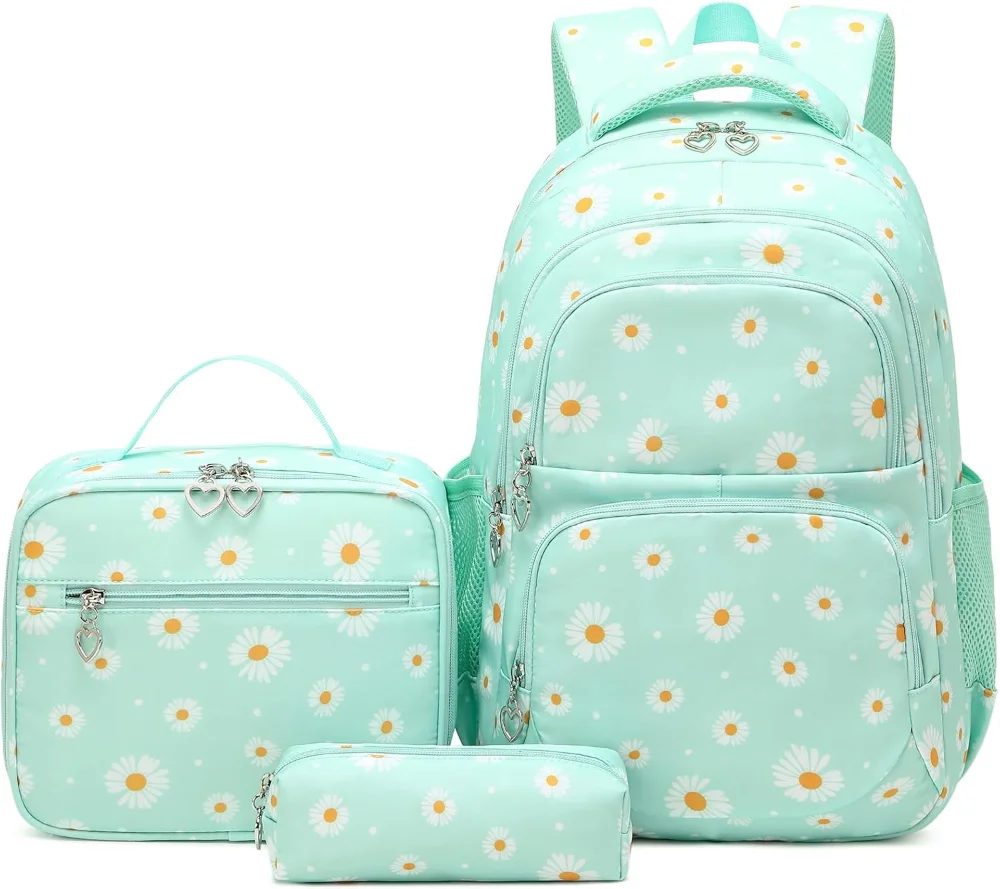 Set escolar niña 3 piezas con margaritas: morral, lonchera térmica y cartuchera